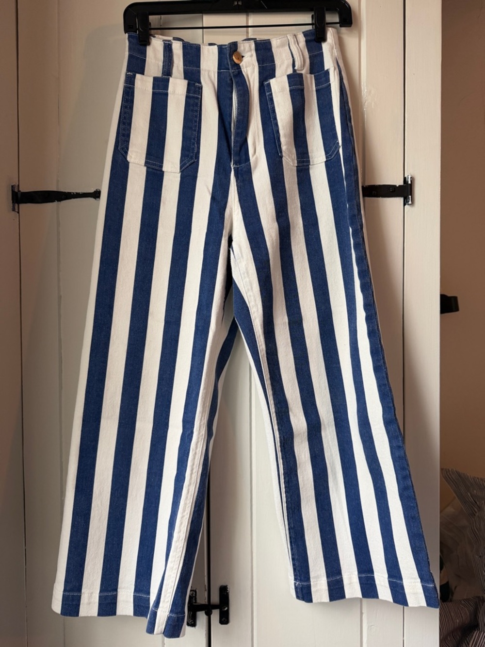Unbranded Blue and White Vertical Stripe Wide-Leg Cropped Jeans